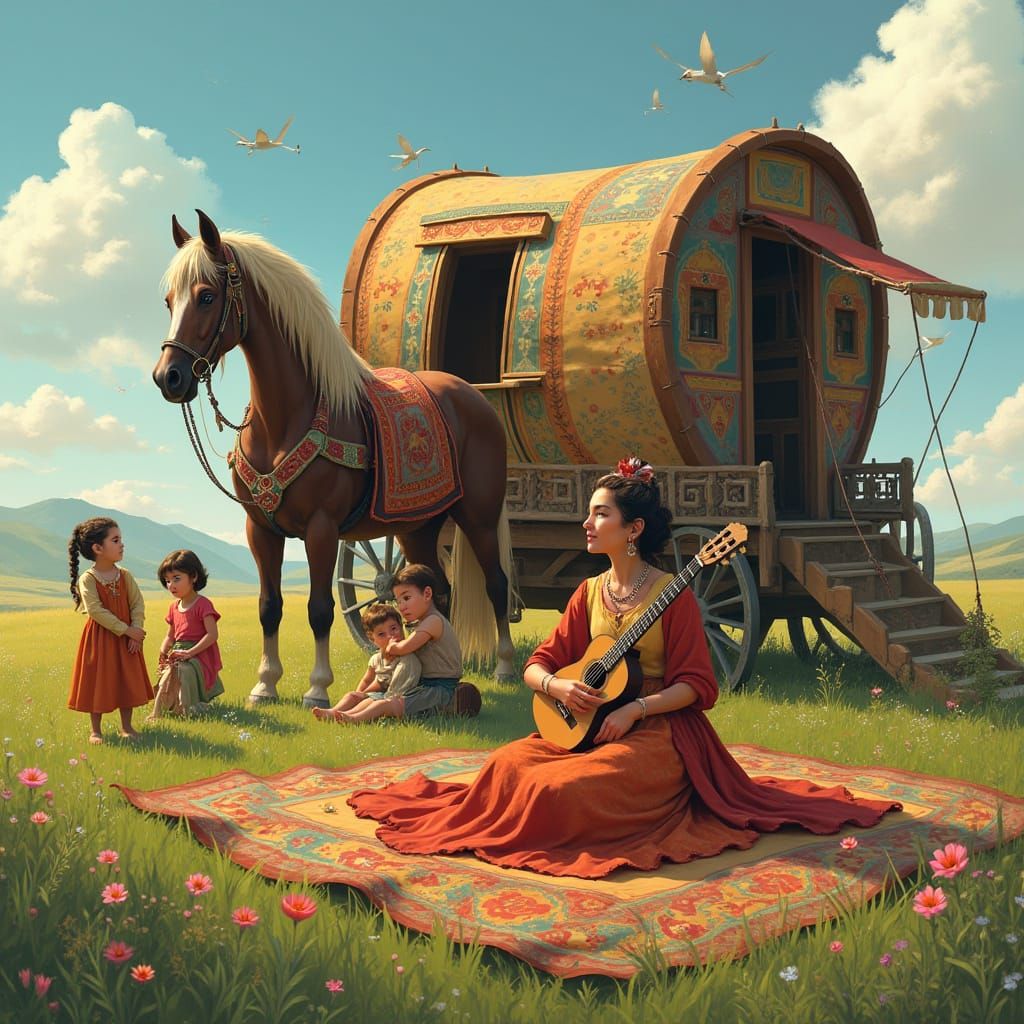 Whimsical Gypsy Caravan Scene in Earthy, Matte Painting Styl...