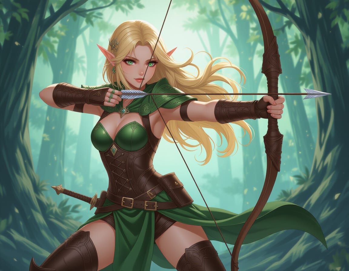 Anime Elf with Shortbow in Dark Fantasy Style