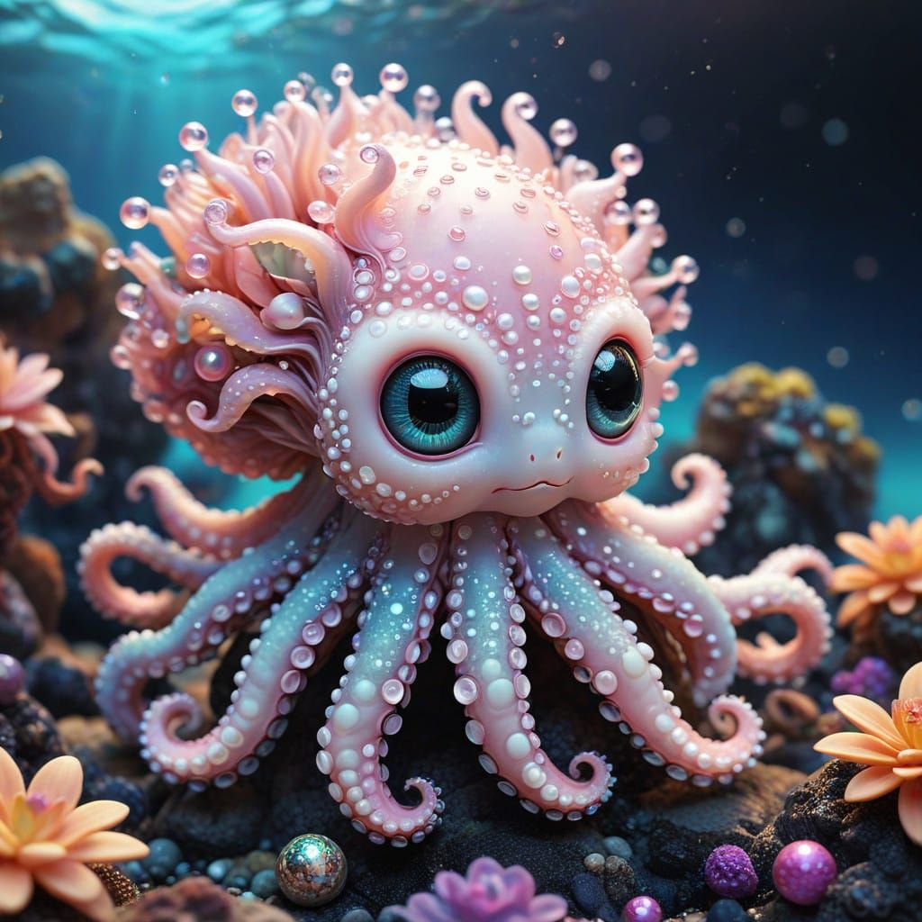 Whimsical Chibi Baby Octopus in Vibrant Deep Sea Scene