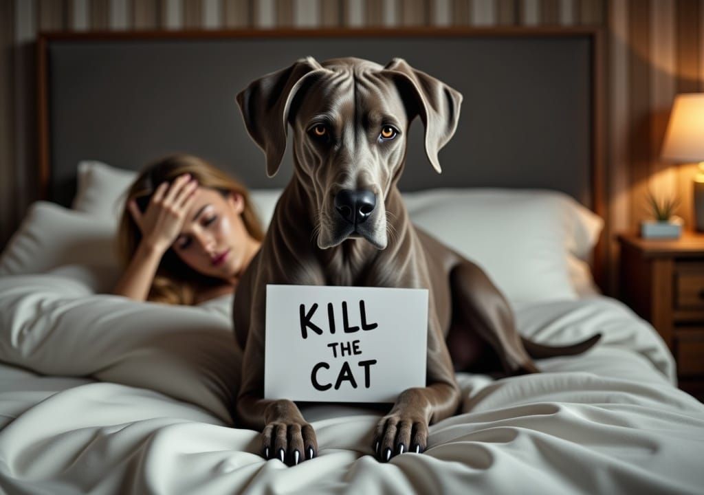 Anthropomorphic Great Dane with Sign in Bedroom