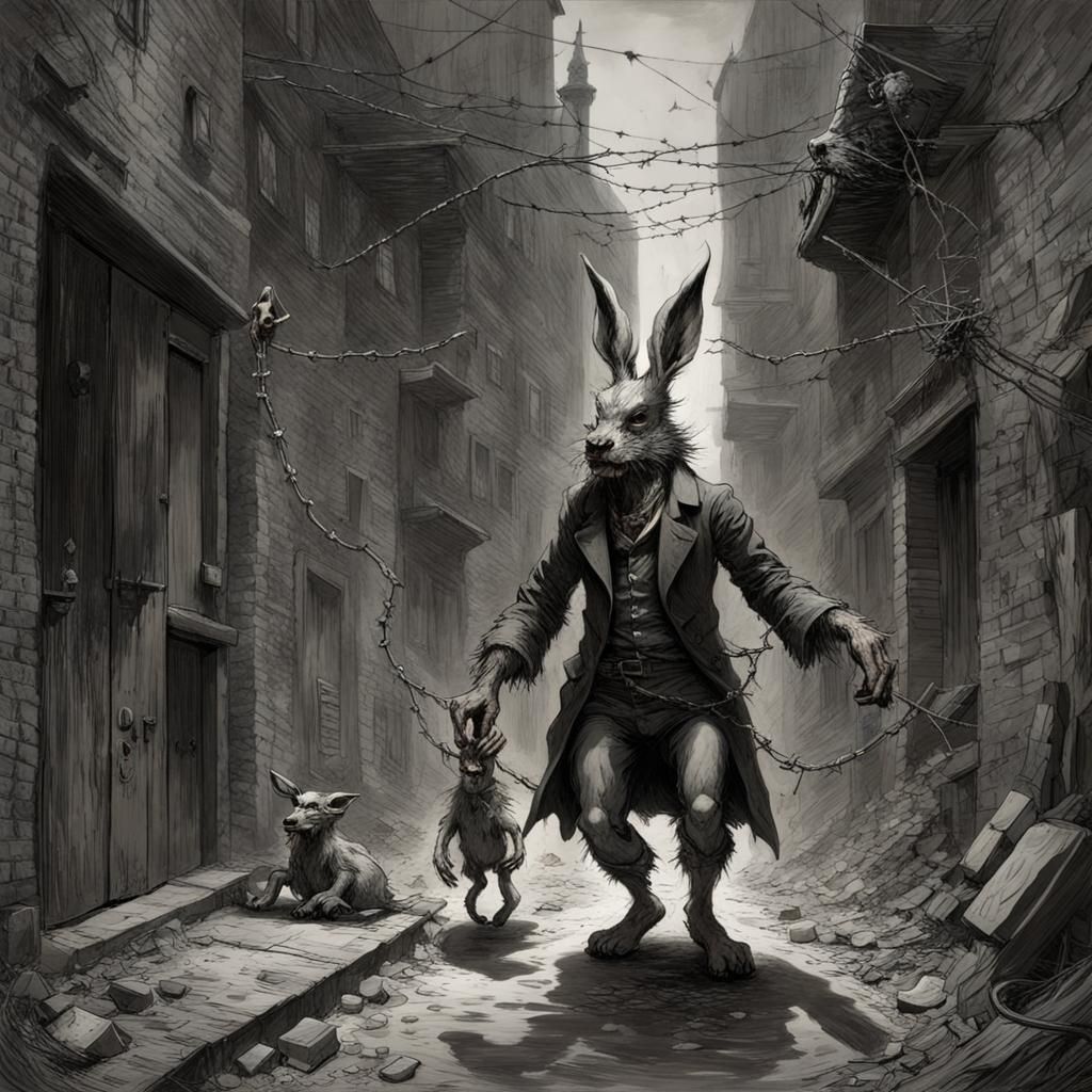 Steampunk Wererabbit Body Horror in Dark Alley