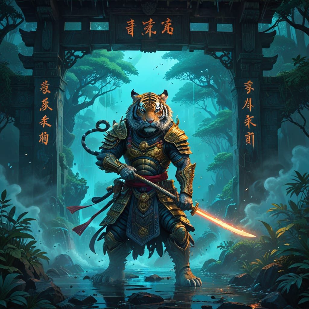 Fantasy Tiger Guarding Temple in Bioluminescent Jungle