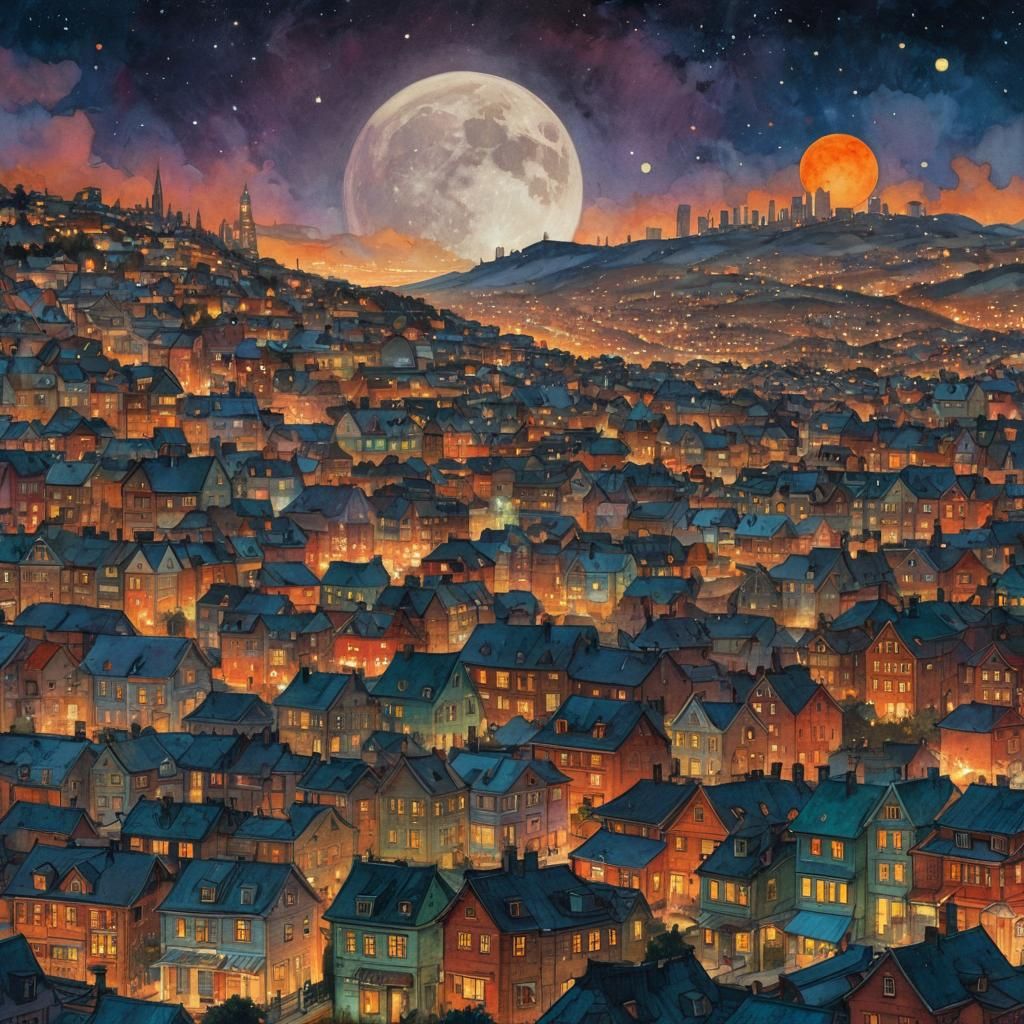 Giant Super Moon Over Whimsical Cityscape