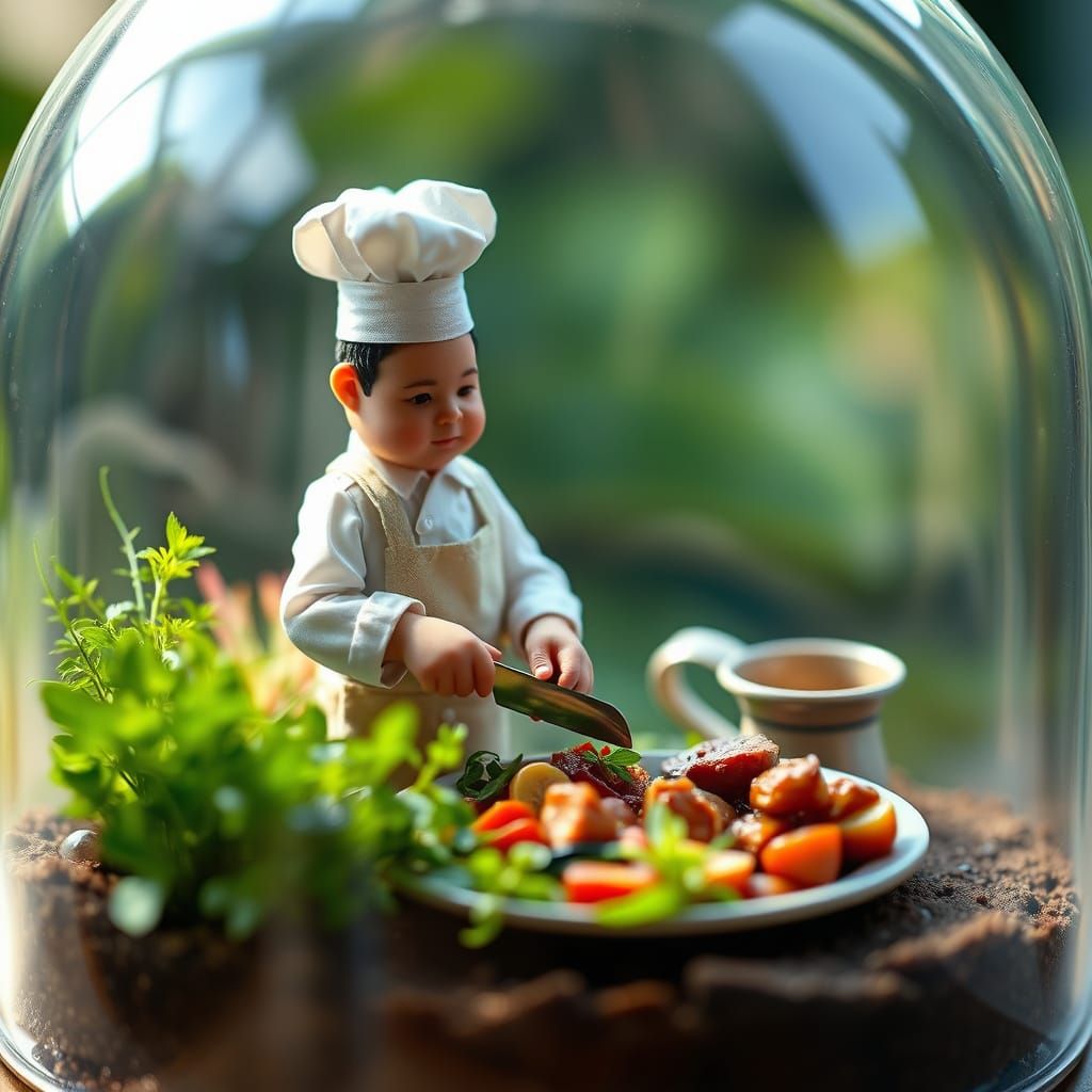 Miniature Chef Prepares Gourmet Meal in Glass Terrarium