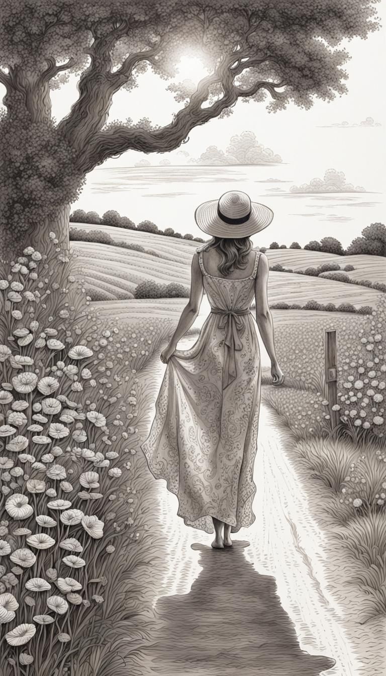 Elegant Woman in Sun Dress: Hyperdetailed Ink Drawing