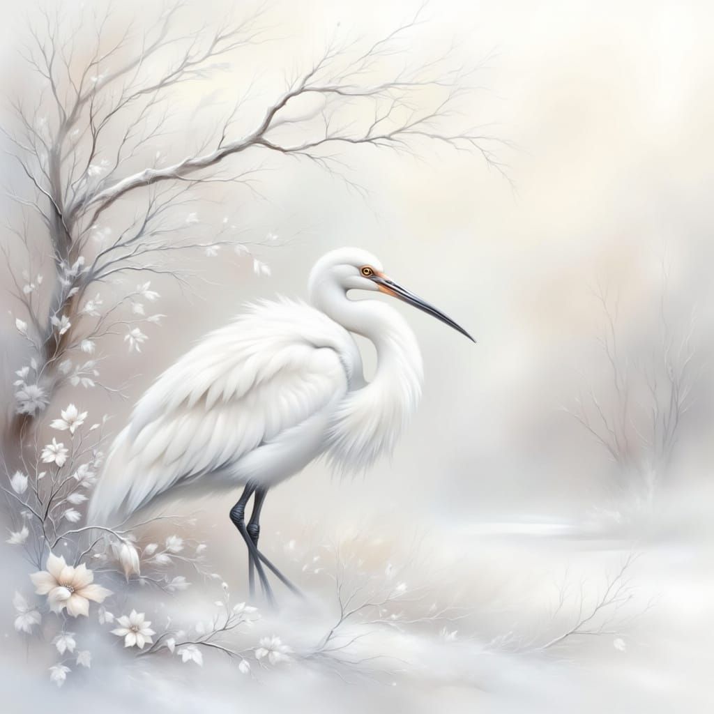 Elegant White Fantasy Bird in Misty Landscape