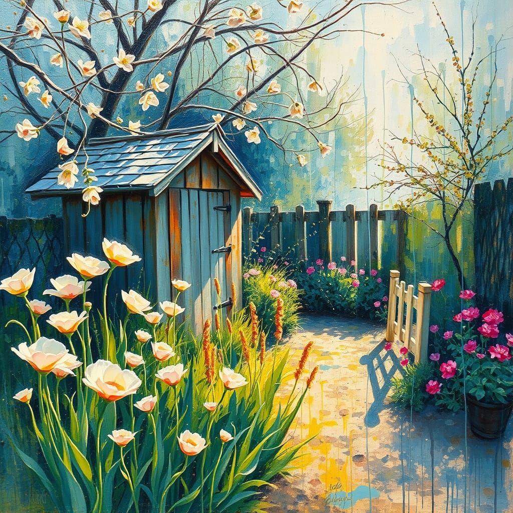 Spring Garden Scene in Vibrant, Textural Style