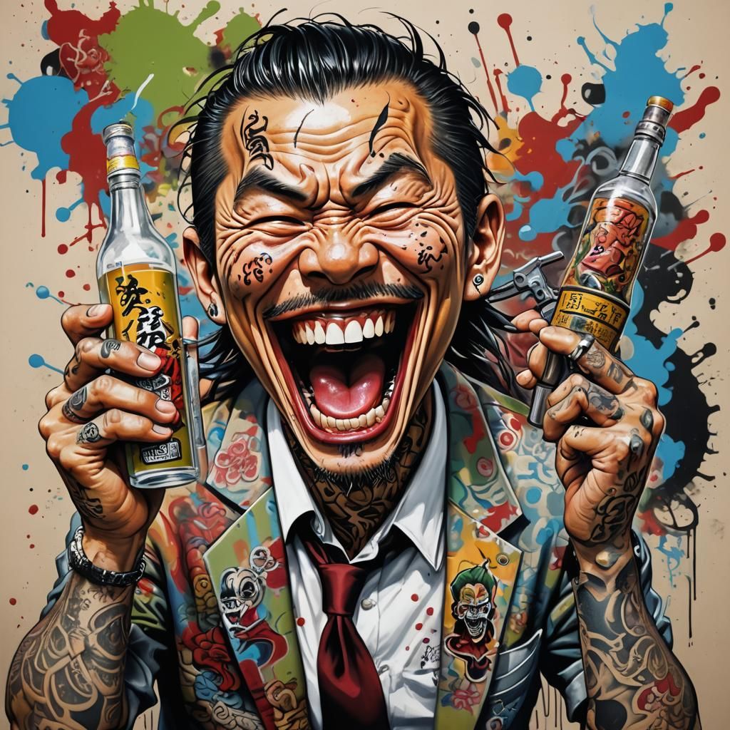 Laughing Yakuza Caricature in Graffiti Art Style