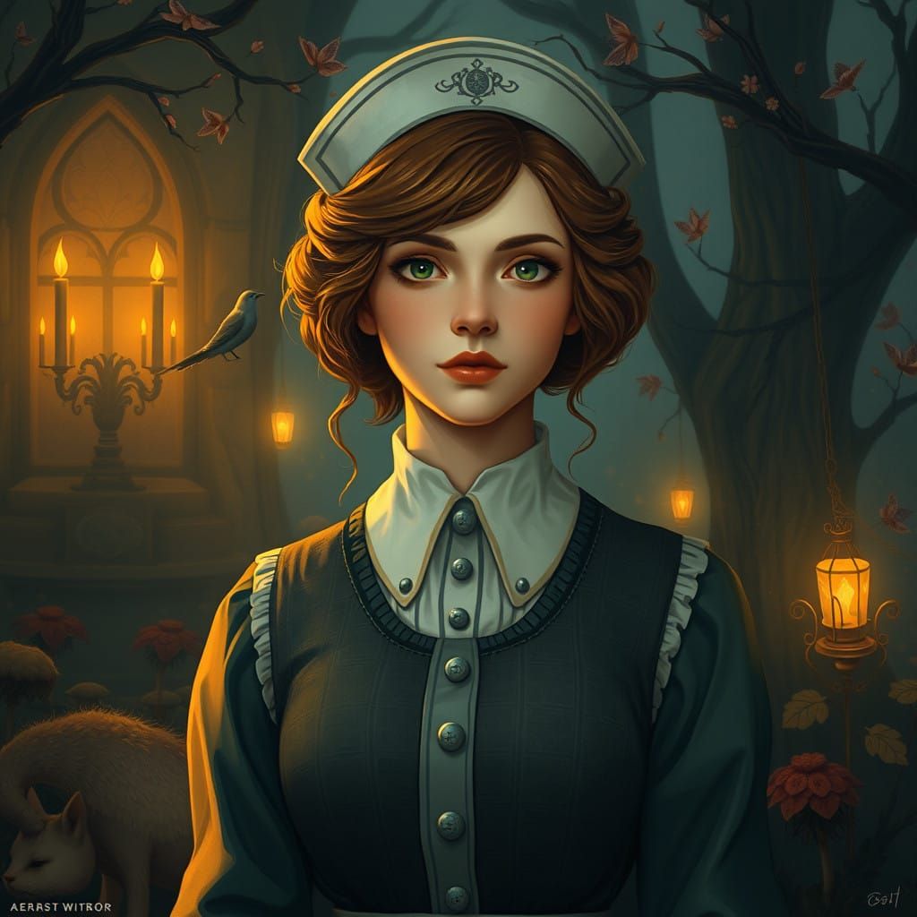Mystical Nurse in Whimsical, 8K-Inspired Landscape