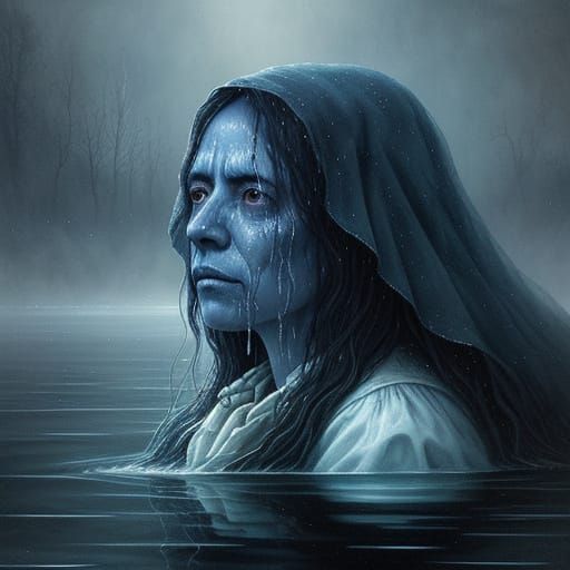 La Llorona Weeping by a River in Surrealist Style