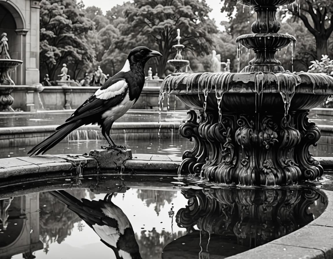 Magpie Reflection: Monochromatic Ink Concept Art