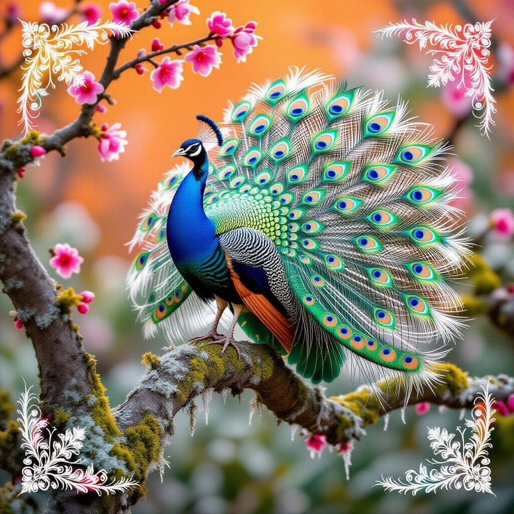 Peacock Displaying Tail in Vibrant Blue and Green