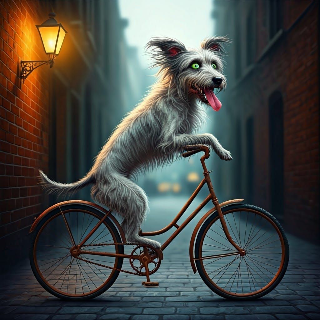 Dog on Bicycle: Whimsical Oil Painting