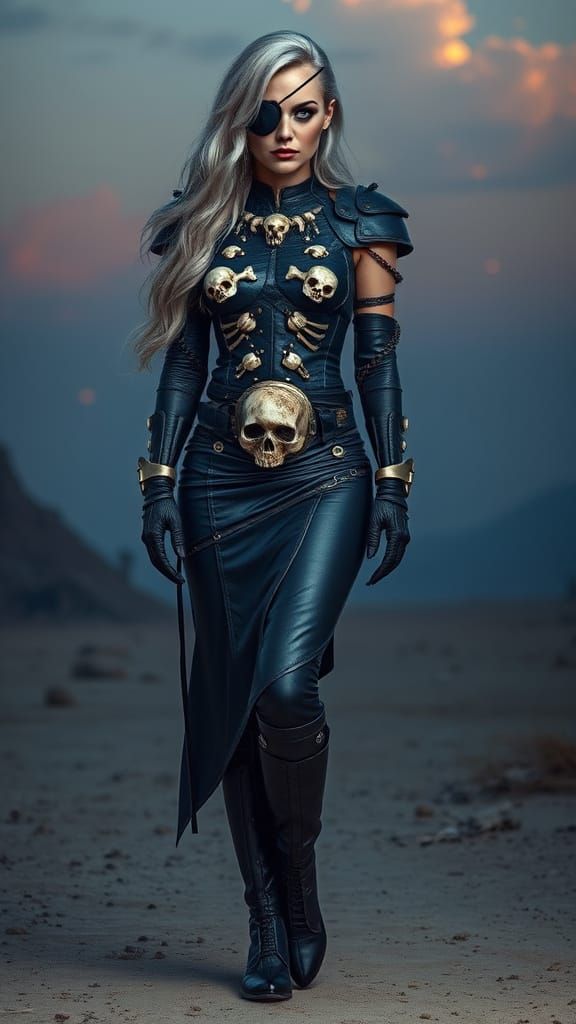 Regal Woman in Dark Blue Leather Armor on Alien Planet