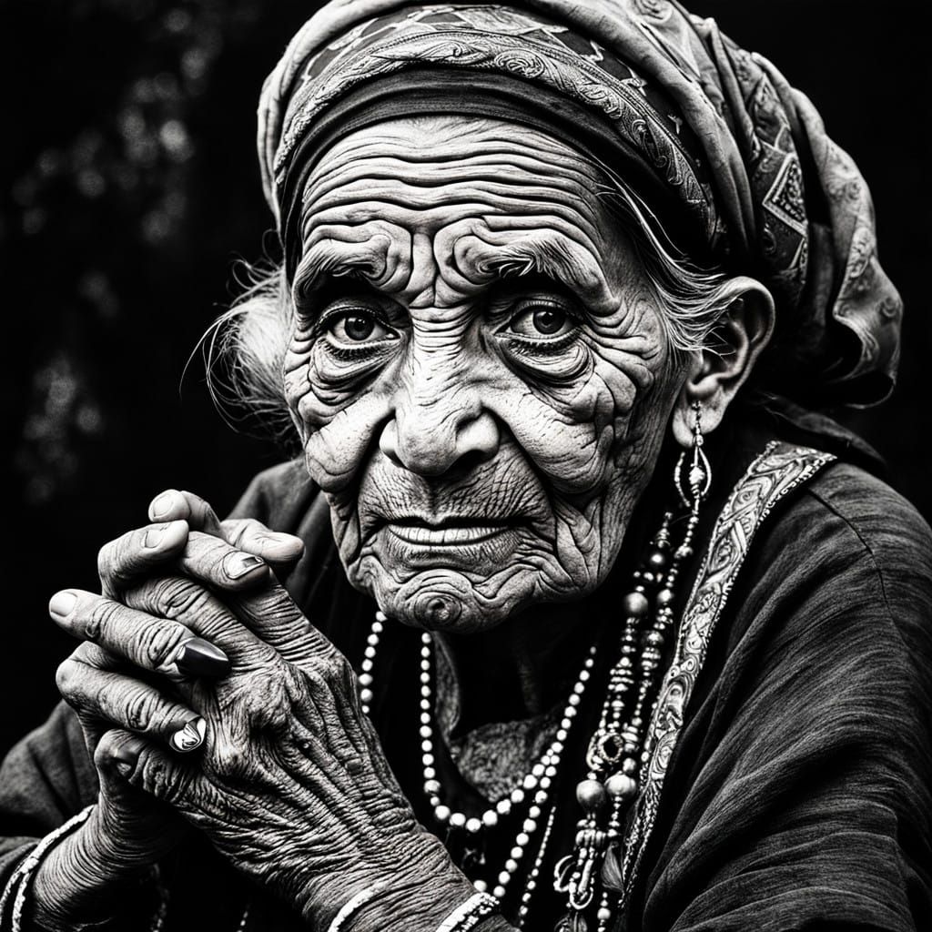Elderly Gypsy Fortune Teller in Charcoal Art