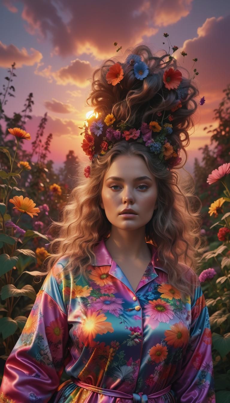 Elegant Plus-Size Model in Vibrant Sunset Haute Couture