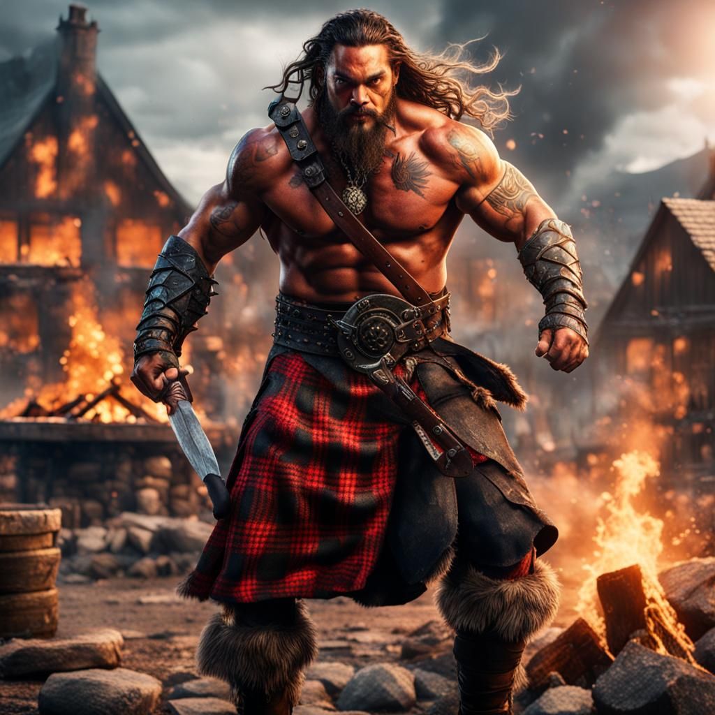 Viking Warrior in Kilt Amidst Fiery Battle