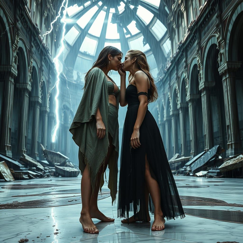 Passionate Kiss in a Shattered Cathedral Under Lightning