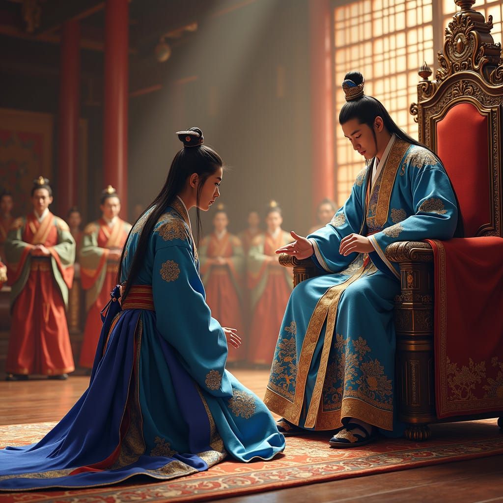Stunning Korean Prince Jangheon in Regal Hanbok, Kneeling Be...