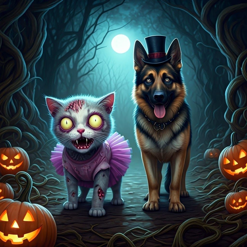 Zombie Kitten and Shepherd in Eerie Pumpkin Patch