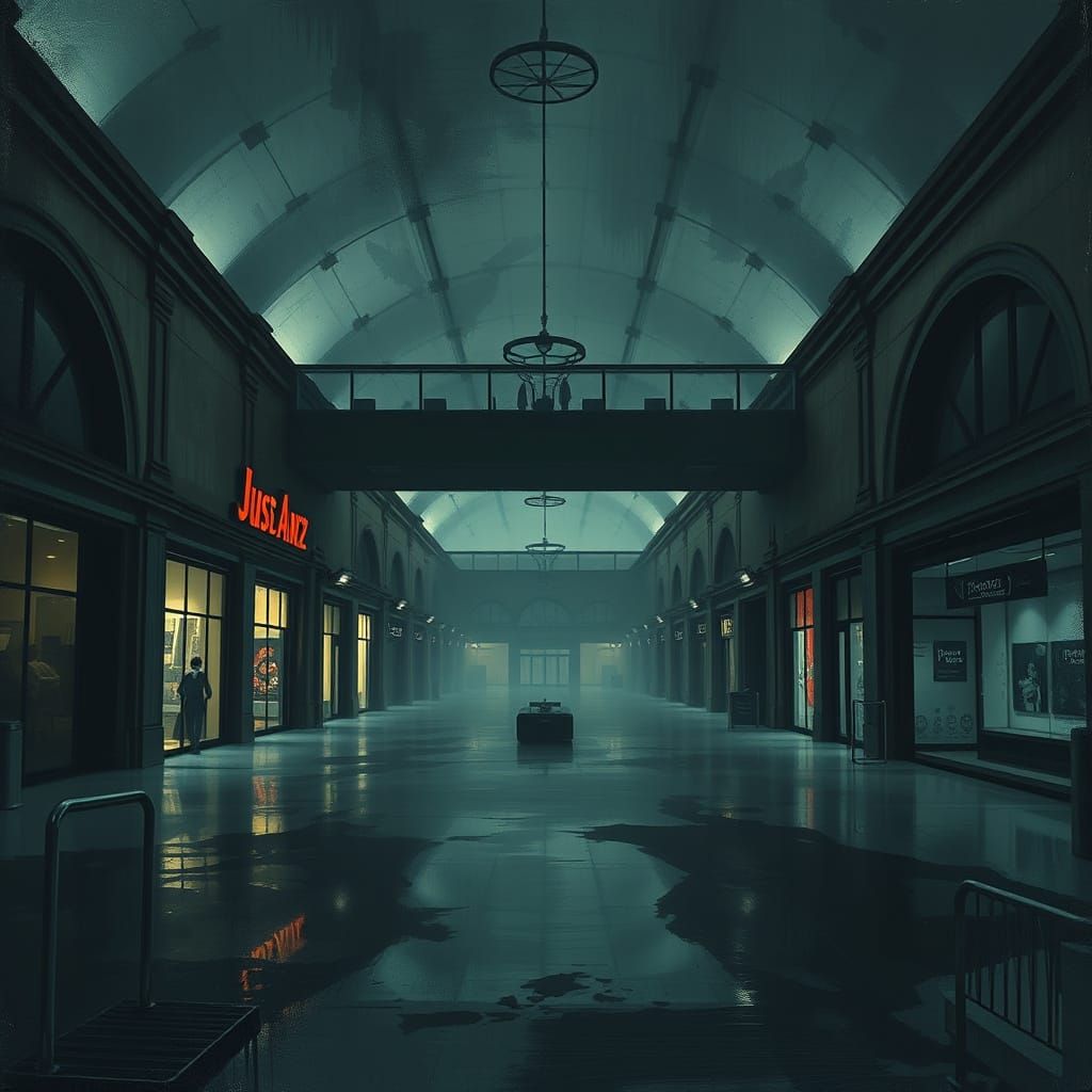 Abandoned Shopping Mall in Eerie, Foreboding Atmosphere