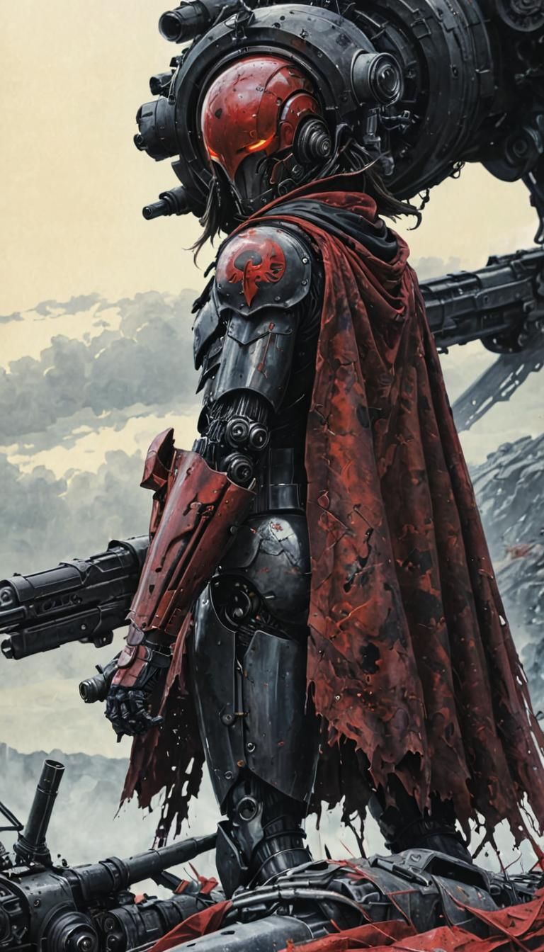Cyborg in Red Cloak, Oil Painting Style