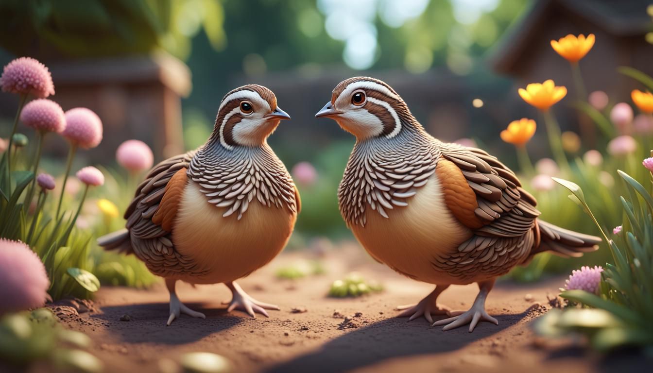 Cute Kawaii Quails in a Countryside Garden