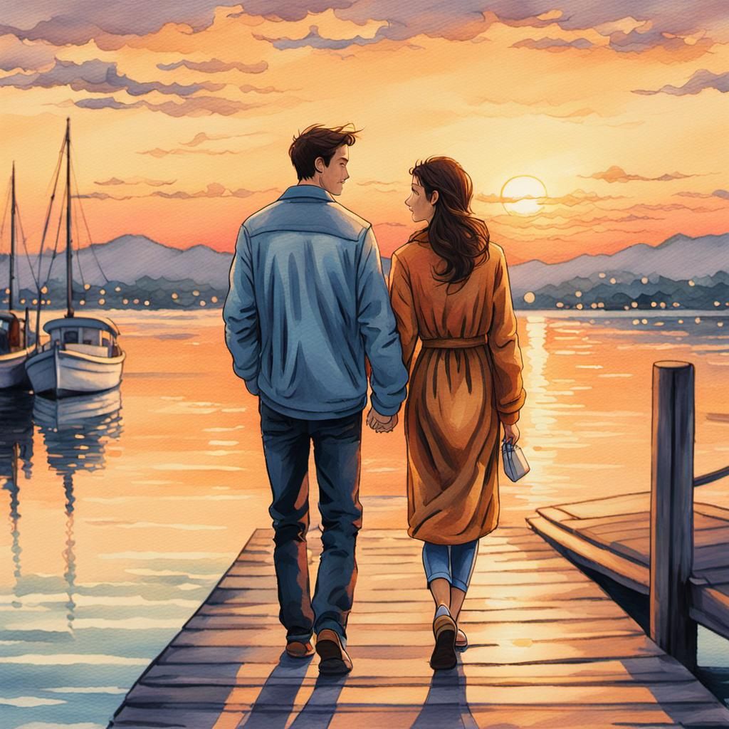 Romantic Couple at Sunset: Color Pencil Art