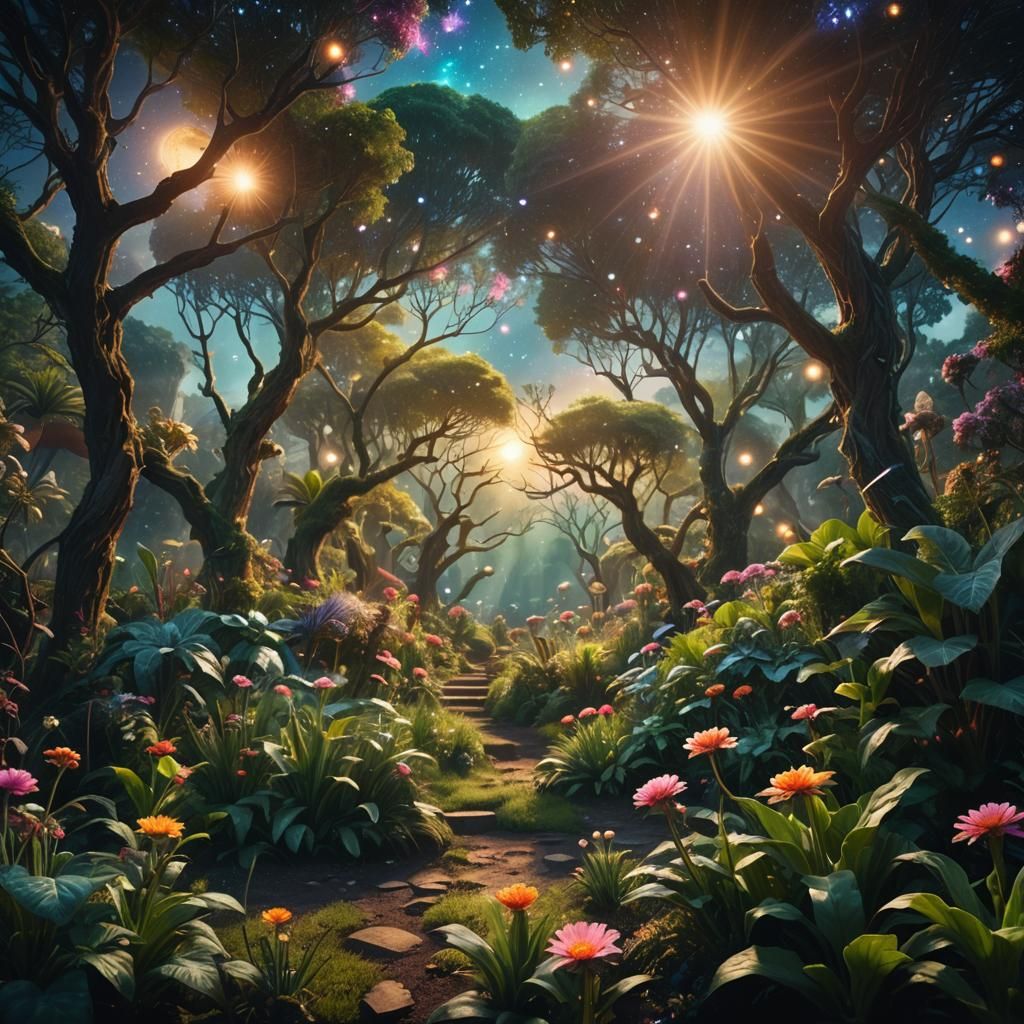 Cosmic Garden Shimmers with Stardust in Digital Painting