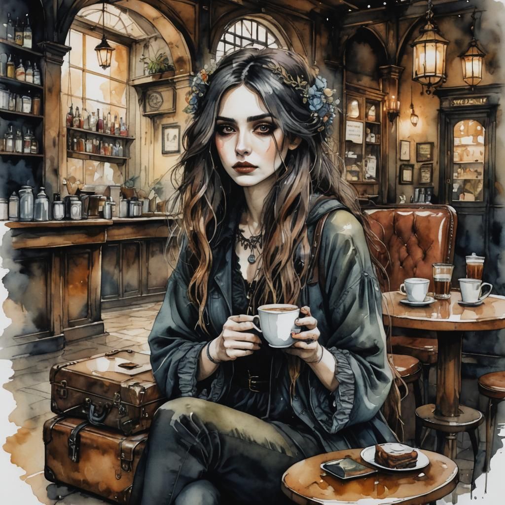 Bohemian Girl in Cafe: Watercolor and Ink Portrait