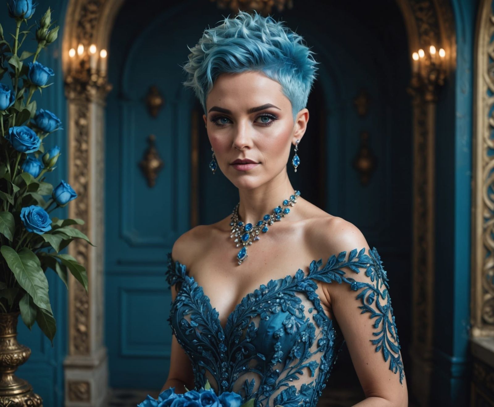 Woman in Blue Wedding Dress with Neon Hair