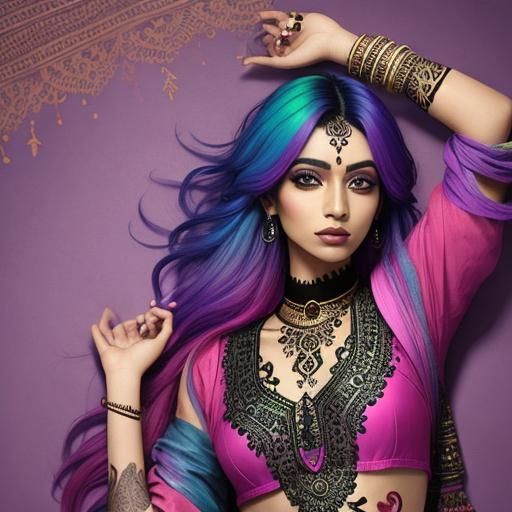Woman with Rainbow Hair and Henna Tattoos