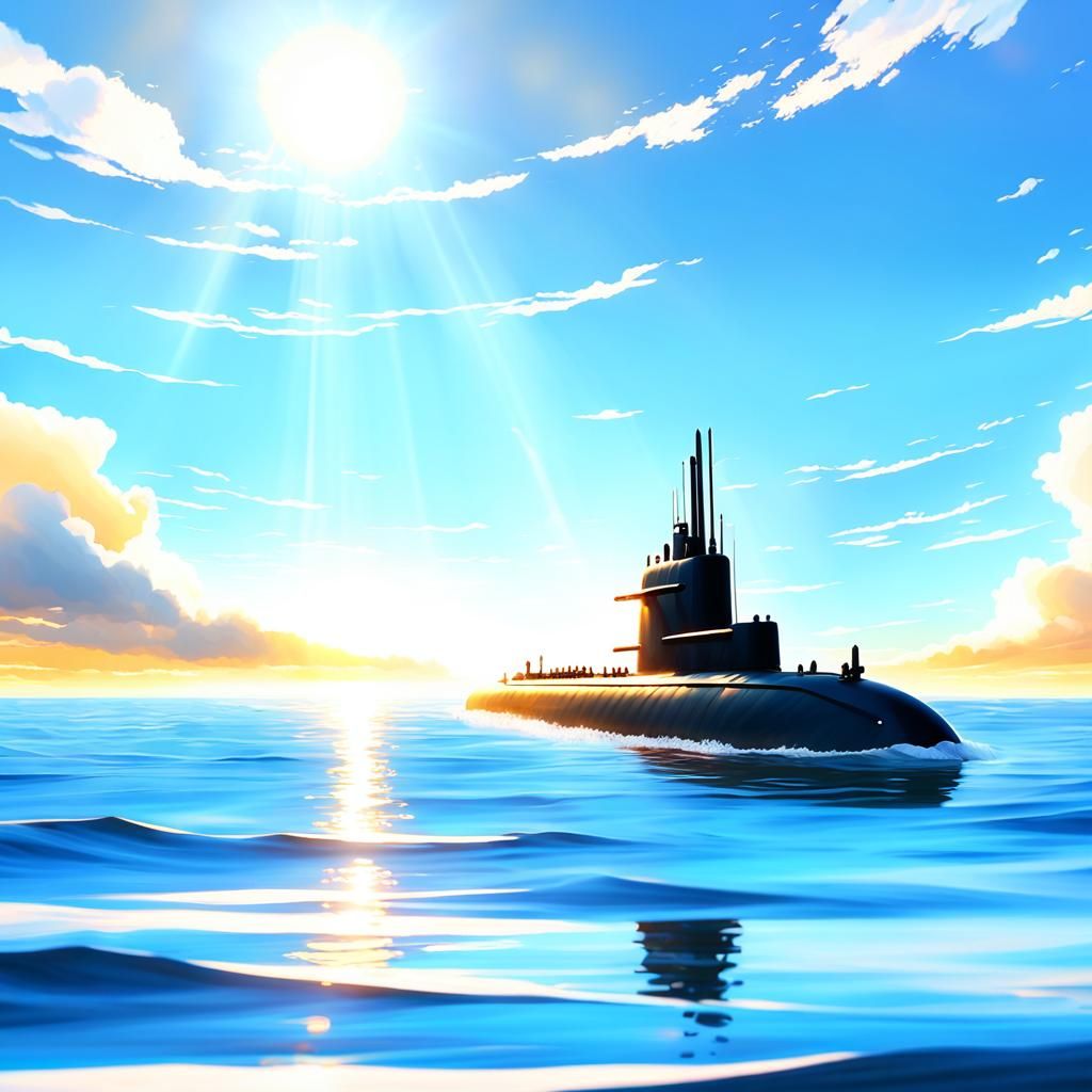 Submarine in Pacific Ocean at Sunset: Digital Art