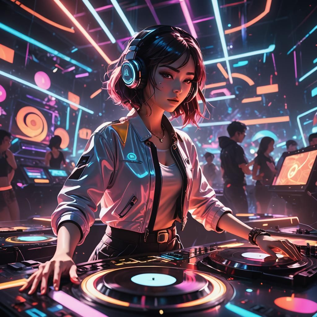 Anime Girl DJ in Futuristic Nightclub, 3D Render