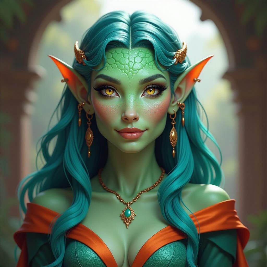 Captivating Portrait of a Green-Skinned Elf-like Creature