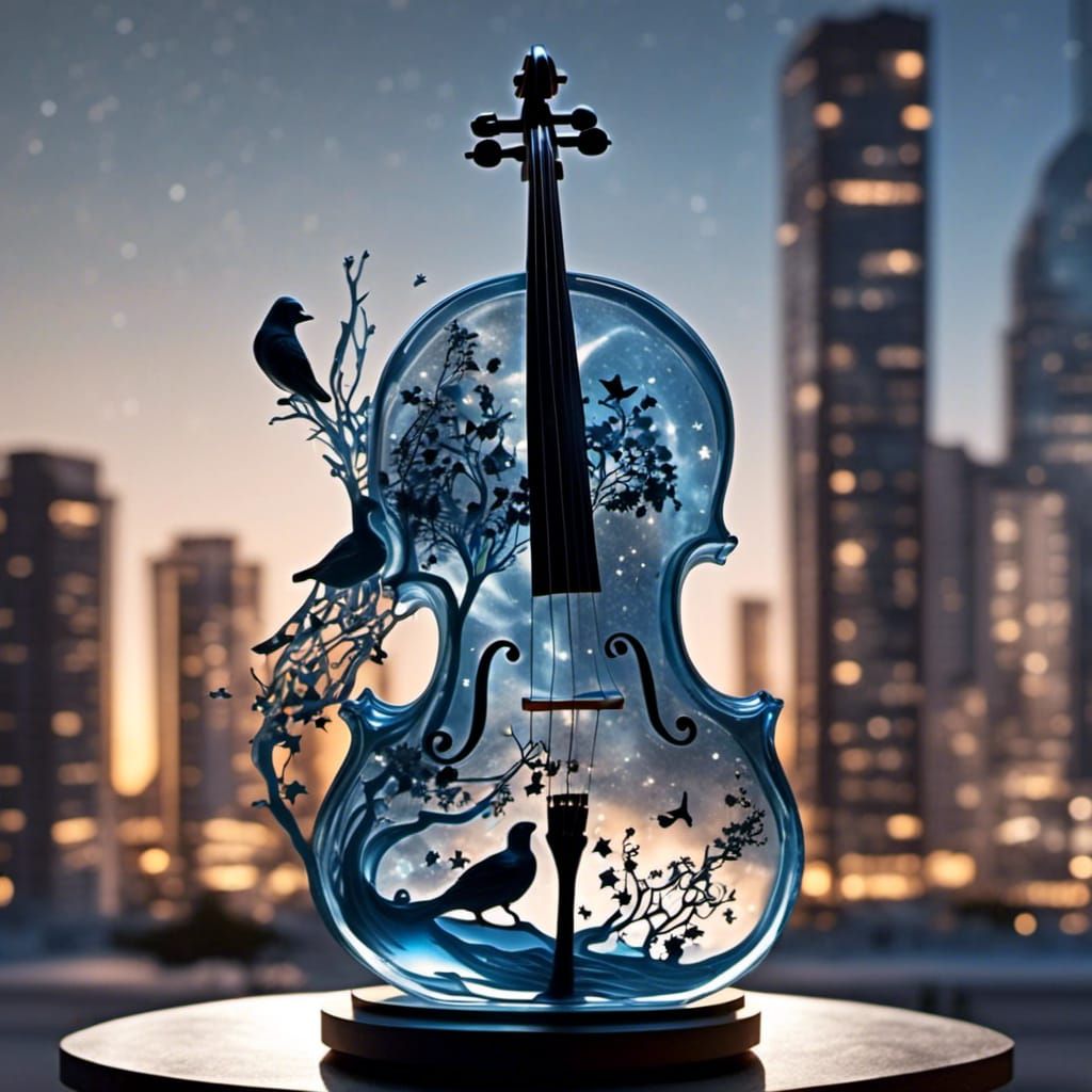 Glass Cello with Songbird in Starry Night