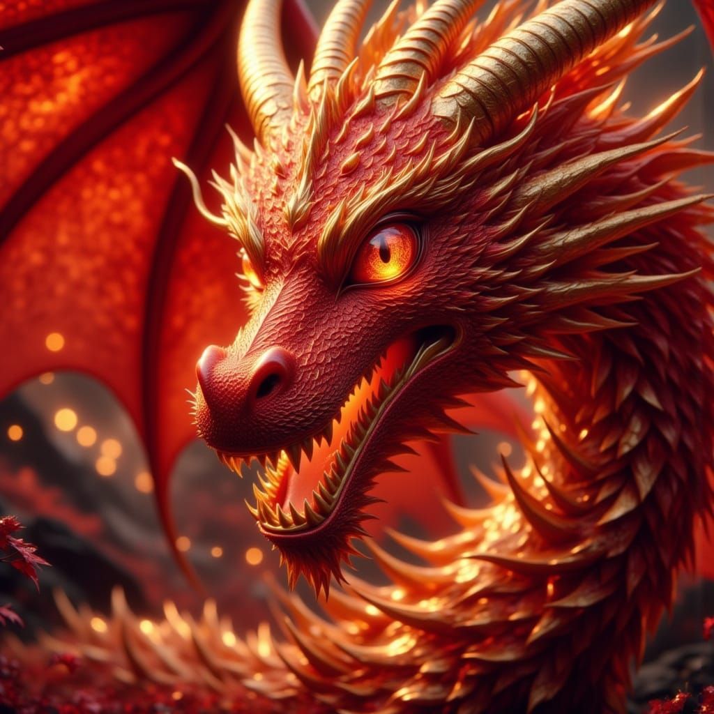 Ethereal Red and Golden Dragon in Mystical Arcadia