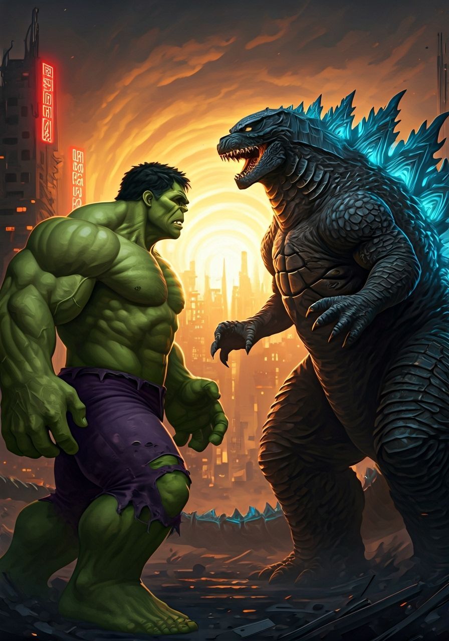 Hulk and Godzilla Face Off in Dystopian Cityscape