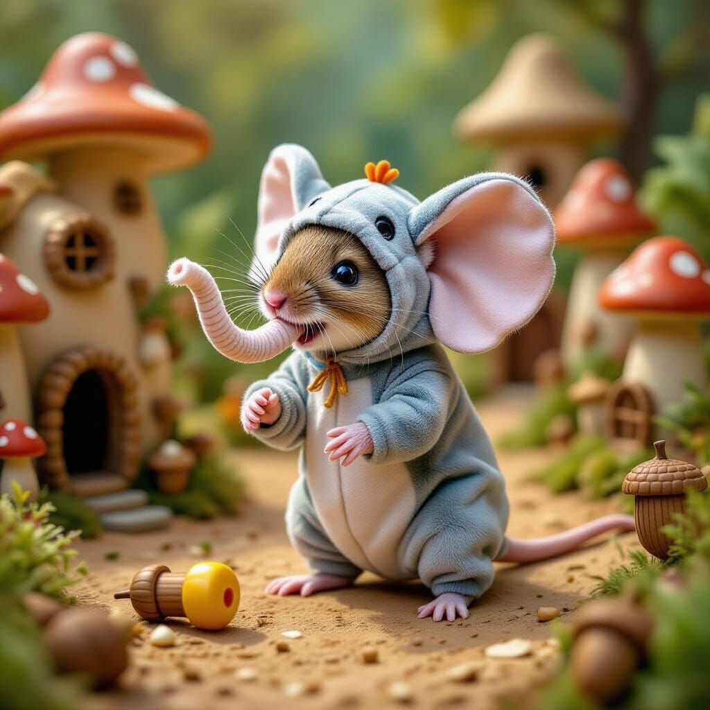 Mouse in Elephant Costume Trumpets Squeaky Toy in Mushroom V...
