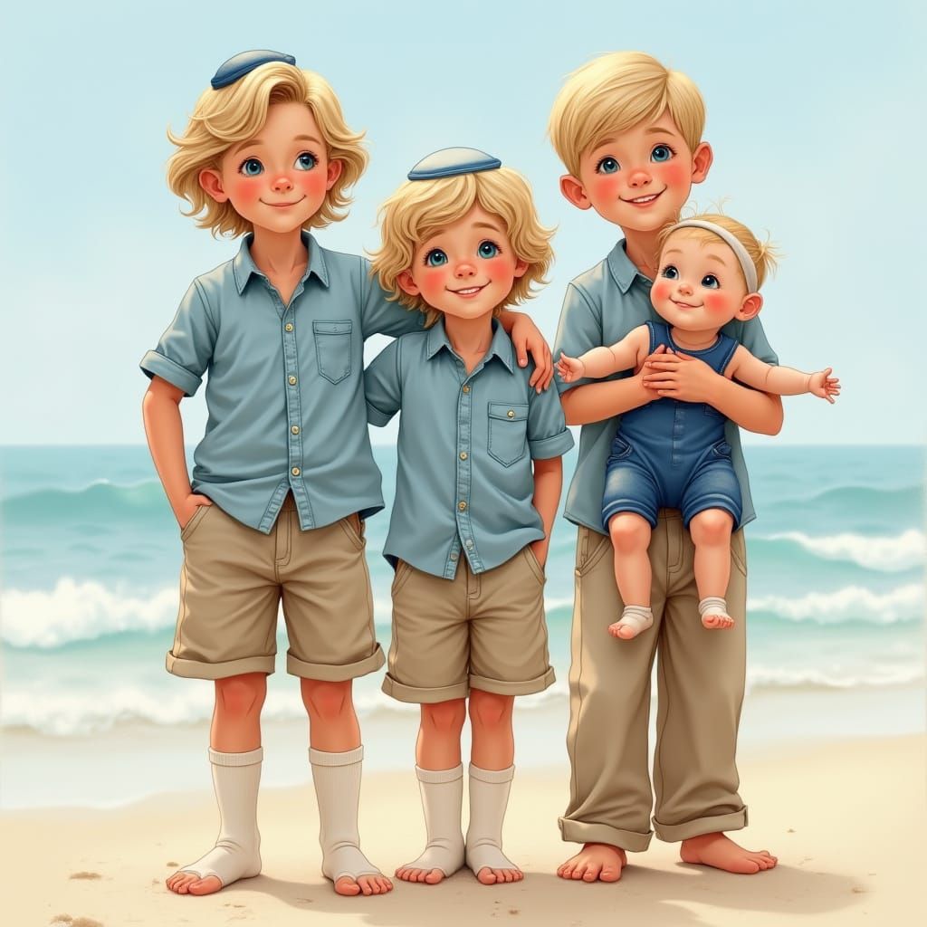 Brothers and Baby on Beach in Hyperrealism Style