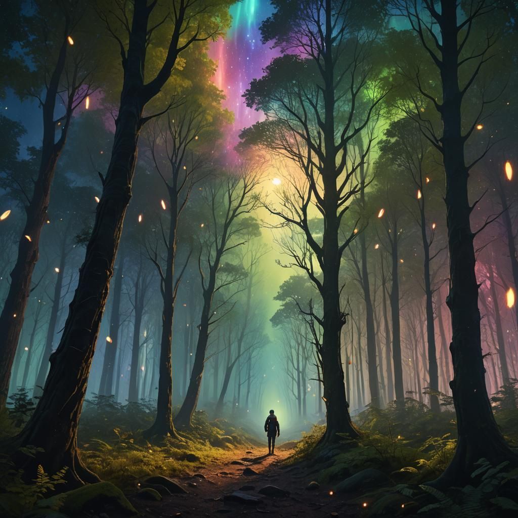 Mystical Forest at Night Under Aurora Lights