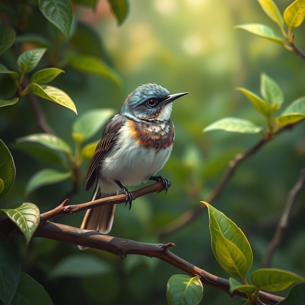 Delicate Colobry Bird Perched on Twig in Lush Green Foliage