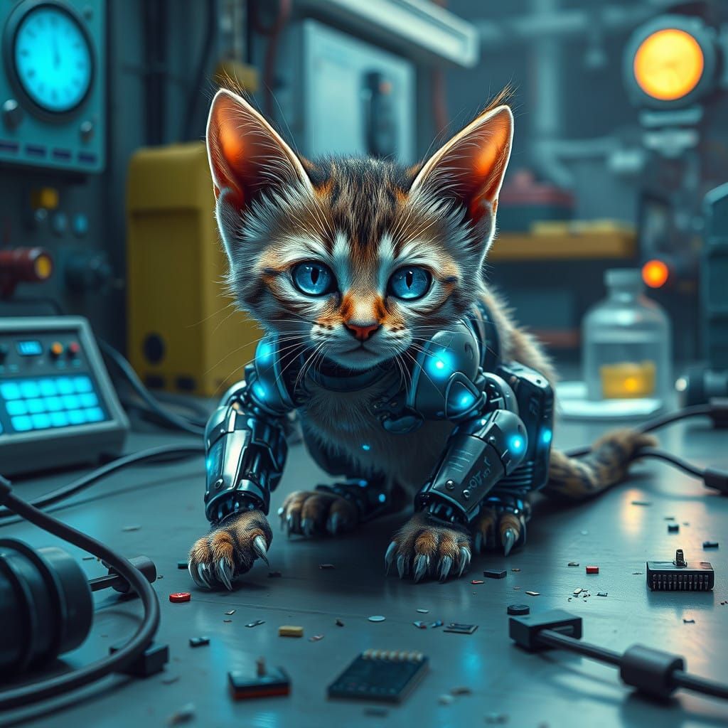 Cyberpunk Whiskered Kitten on Industrial Workbench