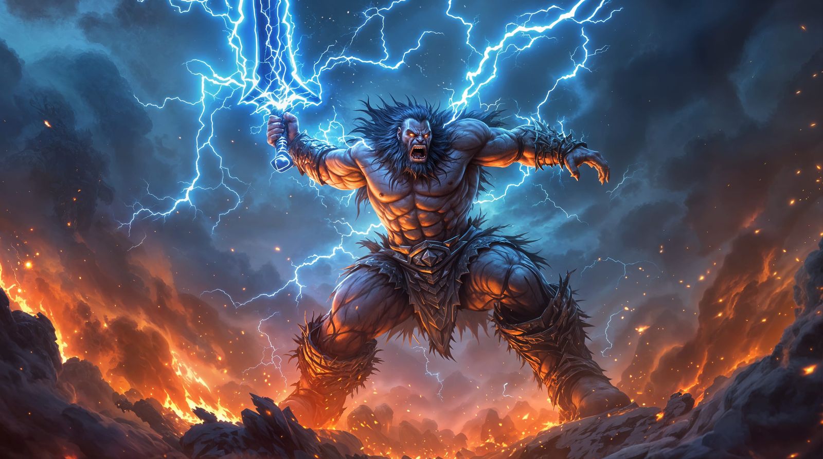 Fantasy Barbarian Wields Lightning Greatsword in Epic Twilig...
