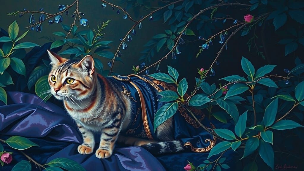 Elegant Cat in Lush Garden: Neoclassical Painting