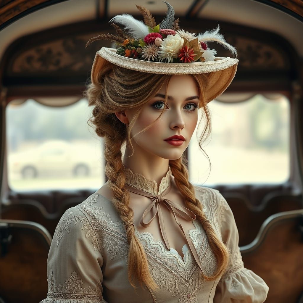 Romantic Lady in Period Dress Rides Stagecoach