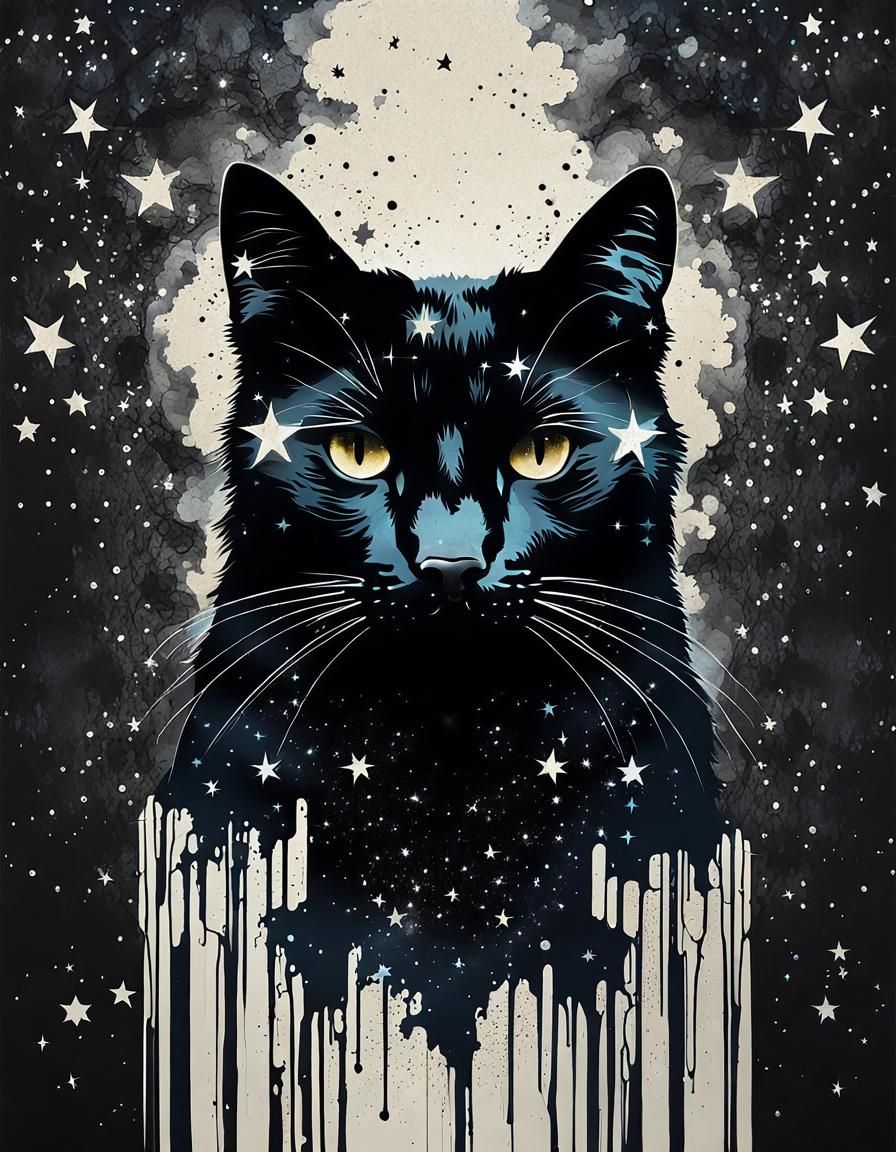 Double Exposure Black Cat Constellation in Graffiti Style