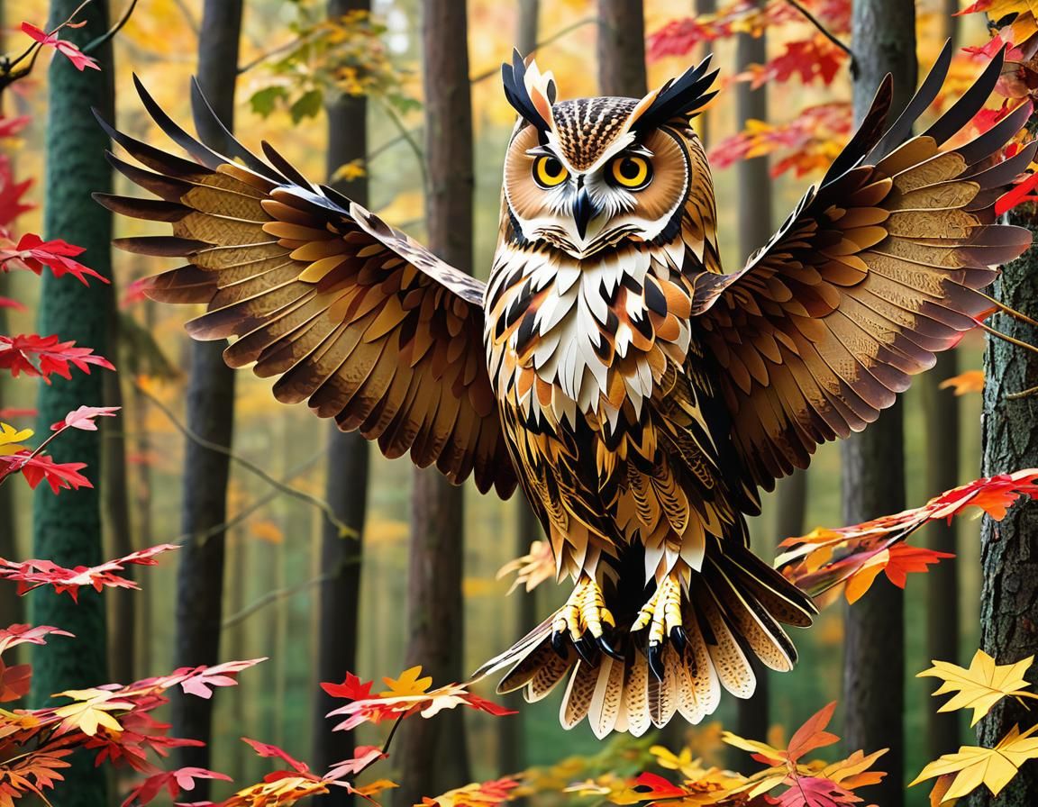 Intricate Kirigami Eagle Owl in Autumnal Forest