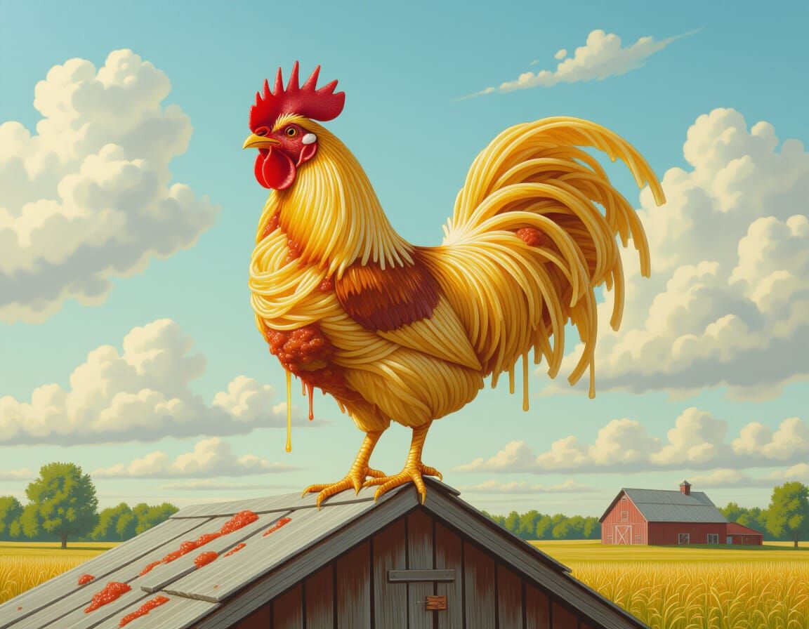 Spaghetti Rooster on Barn Roof, Splash Art Style