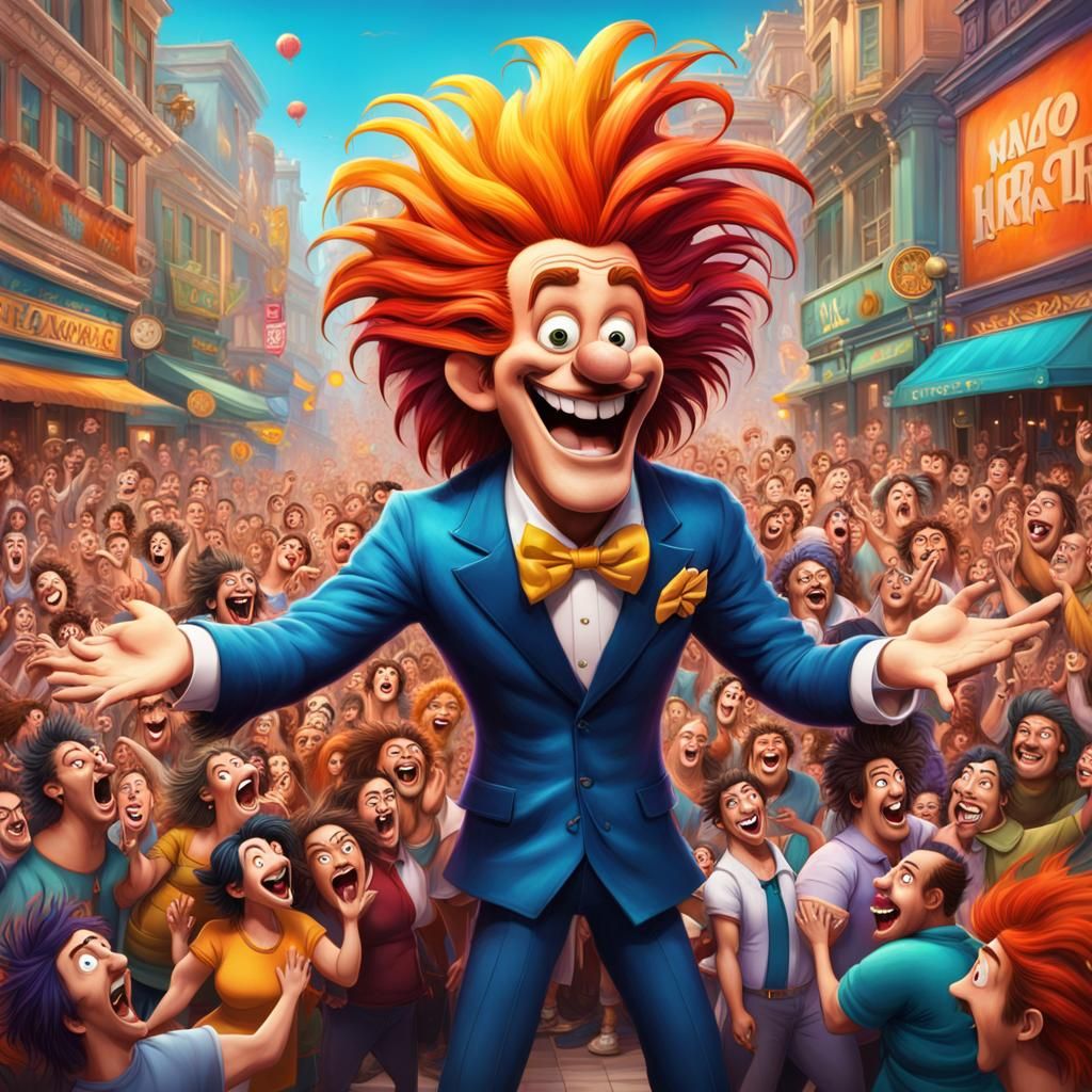 A cartoon comedian charactercaptivating a crowd of animated fans. Their  laughter and expressions create an atmosphere o...